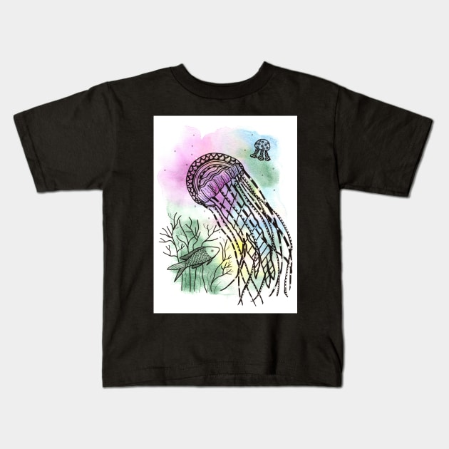 Jellyfish doodling with watercolor and ink Kids T-Shirt by Sandraartist